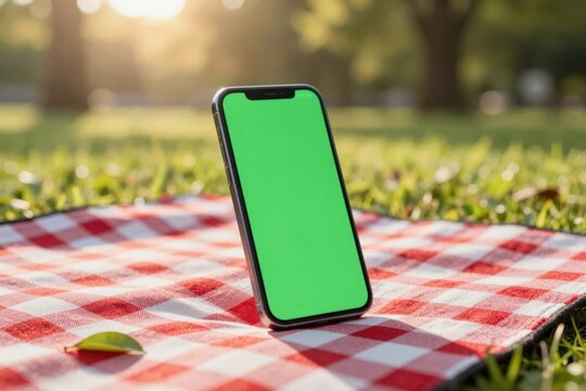 Smartphone on blanket in park during sunny day, ready for use with green screen display