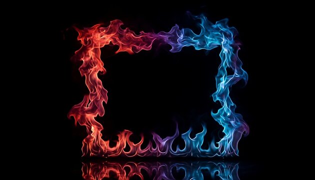 Square frame of red and blue flames on black background.