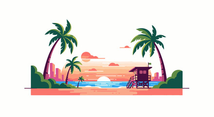 Obraz premium Pixelated sunset beach with palm trees, lifeguard stand, and city skyline