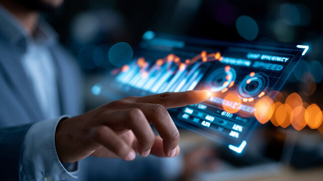 Business professional touching a glowing holographic display panel illustrating simultaneous improvements in quality, speed, and efficiency alongside cost reduction metrics, representing