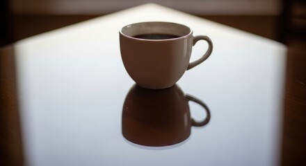 Obraz premium Elegant Coffee Cup Reflecting on a Smooth, Clean Surface with Soft Lighting.