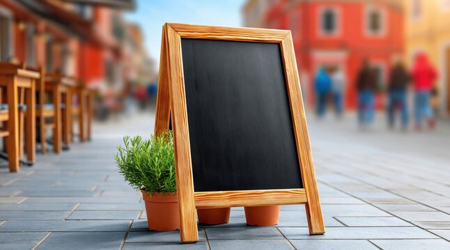 Chalkboard a frame sign outdoor cafe terrace