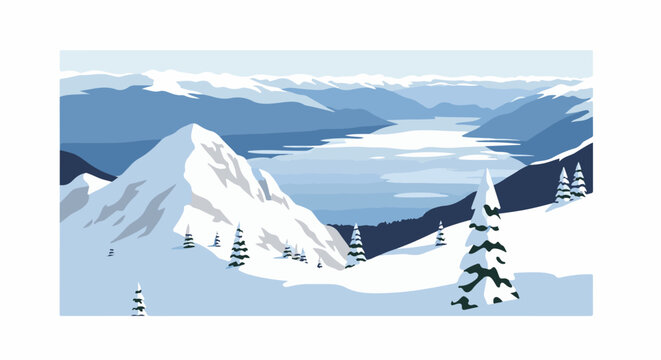 Snowy mountain landscape with a lake and distant peaks