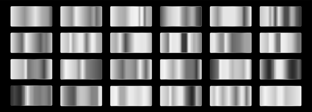 Silver gradient set. Realistic metallic silver textures with smooth gradients and shine effects. Vector illustration for luxury design, premium background and modern UI concepts.