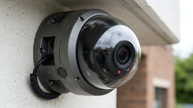 Modern dome security surveillance camera mounted on a white wall outdoors.
