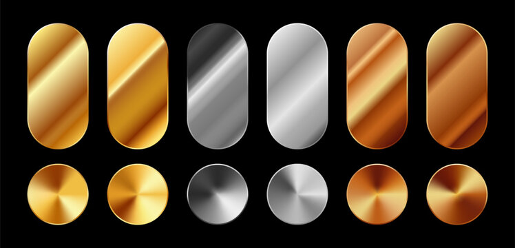 Metal gradient set. Realistic metallic textures in gold, silver and bronze. Smooth gradients with shine and reflection effects. Vector illustration for luxury design, UI and premium backgrounds.