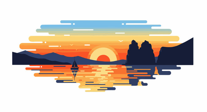 Flat design of a sailboat on the water at sunset with mountains and rocks