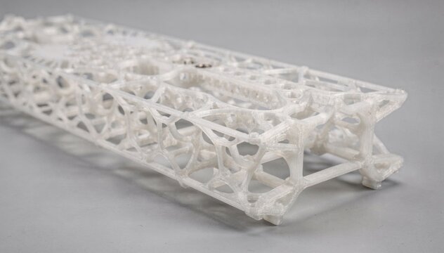 Medium shot of a 3Dprinted lightweight instrument frame showcasing intricate lattice structures in polymer materials highlighting advanced additive manufacturing techniques.