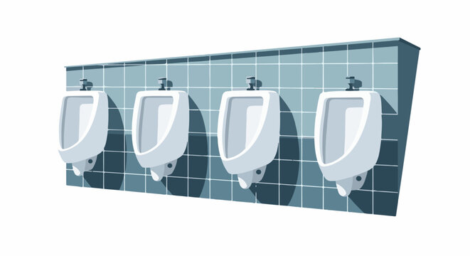 Four white ceramic urinals with silver fixtures stand in a row against a tiled wall