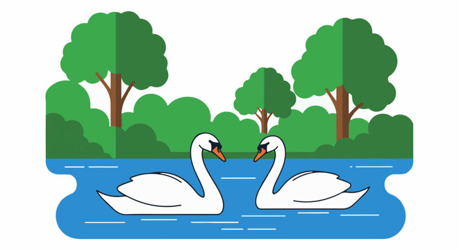 Two white swans glide on tranquil blue water with lush green trees