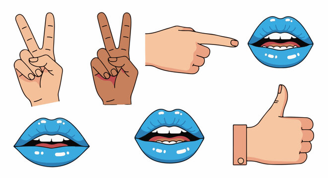 Various hand gestures and blue lips with open mouths