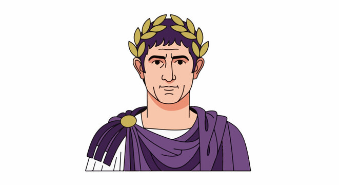 Stylized bust of a Roman emperor wearing a laurel wreath and purple toga