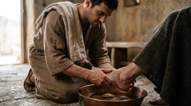 Man kneeling in biblical robes washing another persons feet over a copper basin with water and stones. Symbol of humility and service