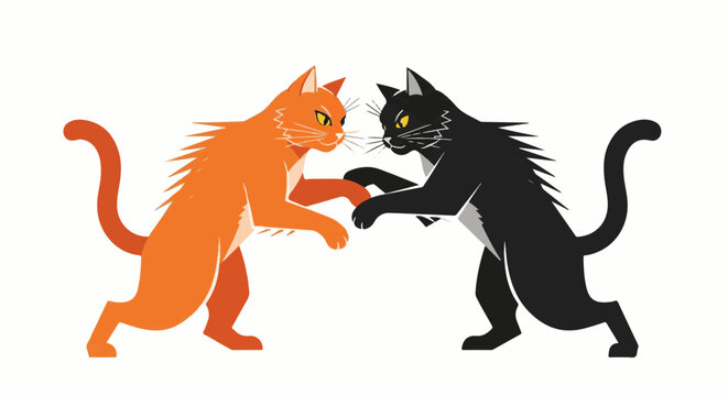 Two cartoon cats, one orange and one black, play fighting on a white background
