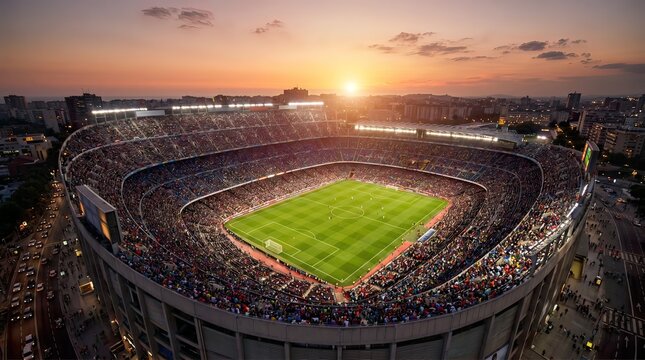 Wide angle panoramic view of a massive packed soccer stadium during a live football match at dusk