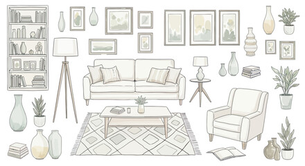 Fototapeta premium Modern living room furniture and accessories line art set.