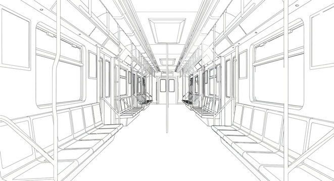 Interior perspective view of an empty subway train car.