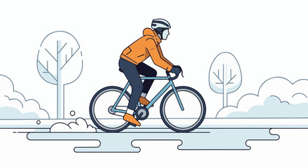 Fototapeta premium Person in orange jacket cycles through a snowy, minimalist park setting