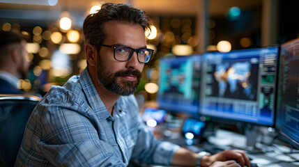 Fototapeta premium Male data scientist in a technology hub reviewing complex logistics algorithm outputs on a curved multi-monitor workstation, screens filled with route optimization models and predictive