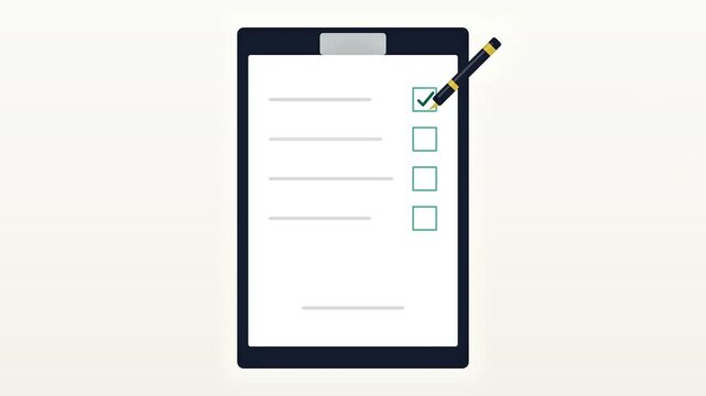Animated checklist completion with pen signing on clipboard, perfect for task management concepts