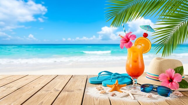 Nikmati Segarnya Koktail Tropis di Tepi Pantai dengan Pemandangan Laut Biru Jernih dan Pasir Putih Bersih, Cocok untuk Liburan Musim Panas.