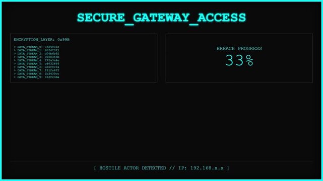 System Hacked Warning Screen Displaying Active Breach Progress Percentage and Data Stream Encryption Layer Cybersecurity Interface Terminal.