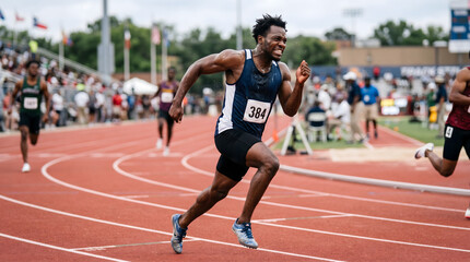 Obraz premium Athletic young man sprinting on a track during a race, showcasing speed and determination