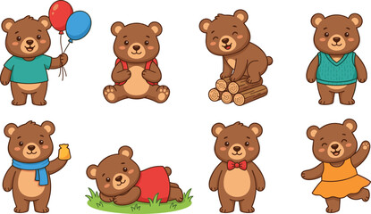 Obraz premium Cute Cartoon Bear Character Set with Different Poses, Outfits, and Activities for Children, Kids, Playful Animals, and Fun Designs
