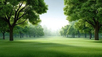 Obraz premium Serene Landscape of Lush Green Trees and Grassy Field Bathed in Soft Morning Light with Gentle Mist and Calm Atmosphere for Nature Lovers