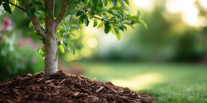 Young tree planted with mulch around base