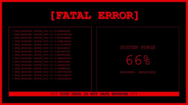 Fatal Error Screen Displaying System Purge Percentage With Impossible Recovery Alert And Dangerous Malicious Data Deletion Terminal Interface.