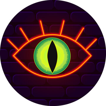 A red neon eye on a brick wall. A human eye with a reptilian pupil. Hand-drawn in Y2K style.