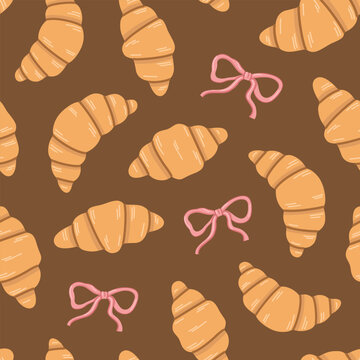 Croissant seamless pattern with pink bows on brown background. Childish french bakery doodle design for textile and packaging. Minimalist stylish wallpaper for modern stationery.