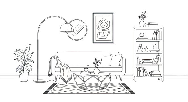 Cozy living room interior design line art illustration.