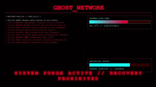 Ghost Network System Wipe Terminal Screen Showing Thermal Core Critical Temperature Warning Progress Bar and Decoupling Status Registry Logs.