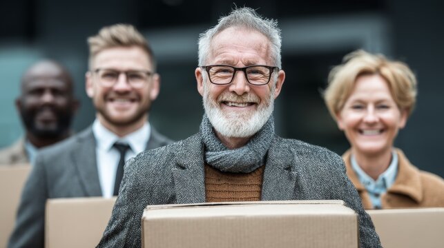 Smiling mature employee holding a cardboard box with colleagues during office move, symbolizing teamwork, employee retention and workplace camaraderie