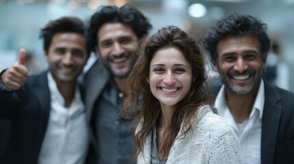 Obraz premium Smiling Indian business team of colleagues and friends celebrating success in a modern office environment