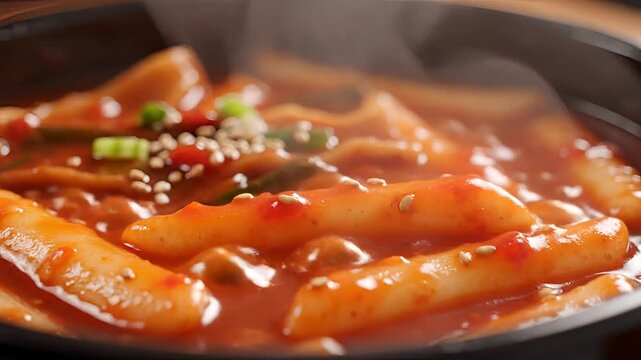 Delicious Korean Tteokbokki Spicy Rice Cakes Closeup.