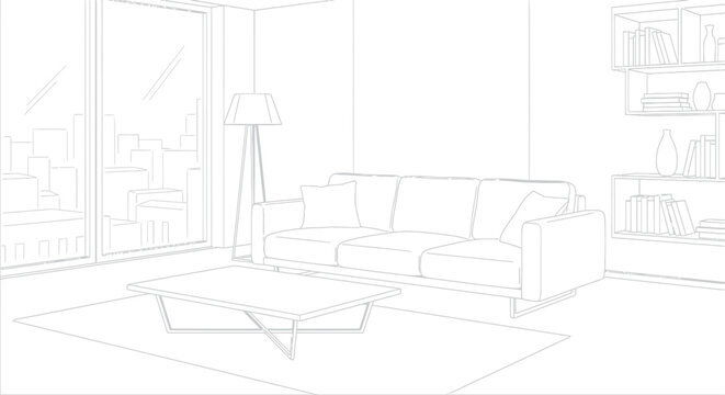 Modern spacious living room interior perspective line drawing.
