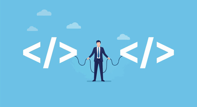 Businessman holding two ends of electrical wire with html tags. coding programming and website development or software engineering flat vector illustration.
