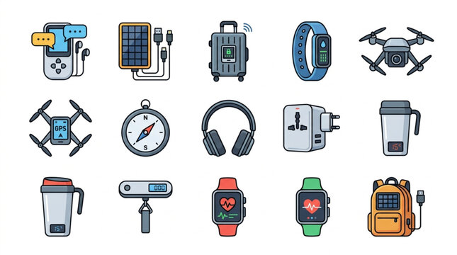 Collection of modern electronic gadgets and travel accessories.