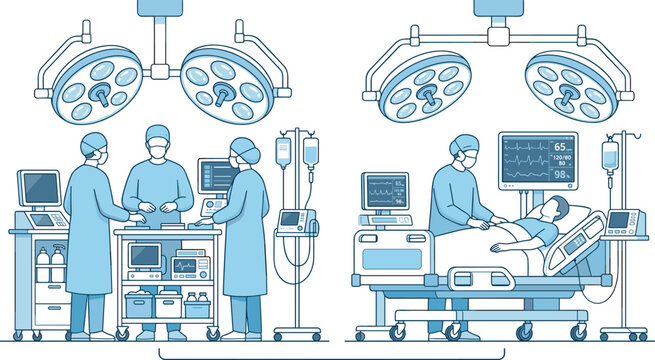 Hospital Surgery Scene with Doctors, Medical Staff, Patient Monitoring Equipment, Surgical Lights, IV Drips, and Healthcare Technology in Operating Room