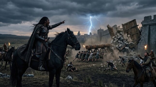 Warrior woman commander riding horse and pointing at enemy fortification during siege. Army using battering ram to break castle gate. Intense battlefield action, history, epic warfare.