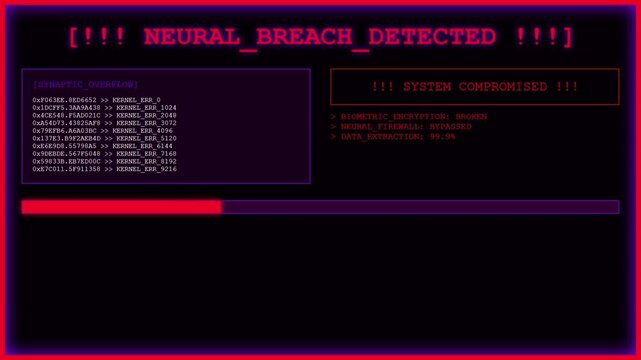 Neural Breach Detected Cyber Terminal Interface Displaying Synaptic Overflow System Compromised Banner and Data Extraction Progression Log Streams.