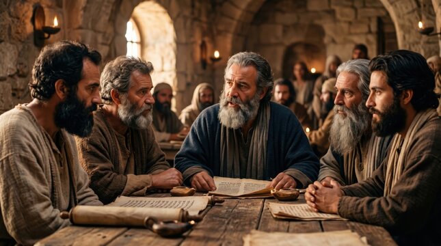 Apostles and elders gathering in Jerusalem for the council meeting with old men sitting at the table to discuss scripture from scroll. Ancient religious meeting for biblical council.
