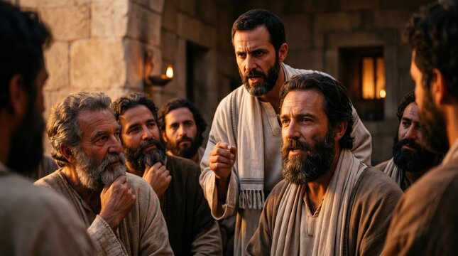 Apostle Peter and Paul the Apostle in theological council with elders in Jerusalem. Biblical scene of early Christian debate about faith and grace. Religious gathering in ancient city.