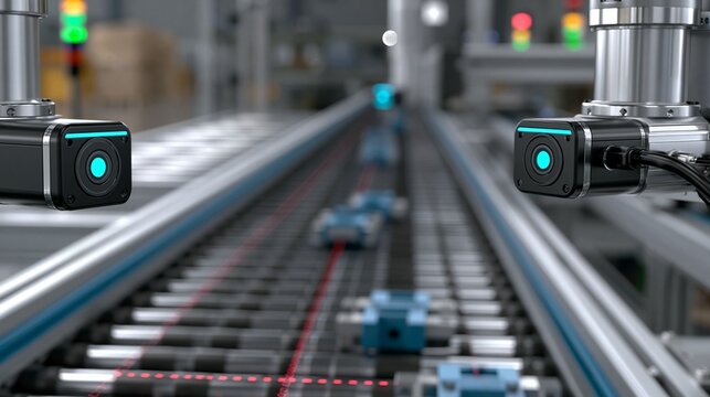 Side view medium shot of defect detection cameras scanning molded components