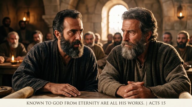 Two bearded men discussing biblical doctrine in professional council. Apostle Paul and Barnabas debating the early church laws in Jerusalem. Historical biblical scene, Acts 15 gospel.