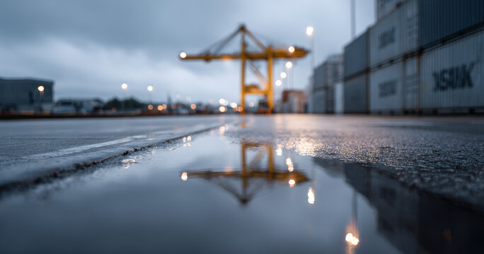Industrial port crane reflected in puddle