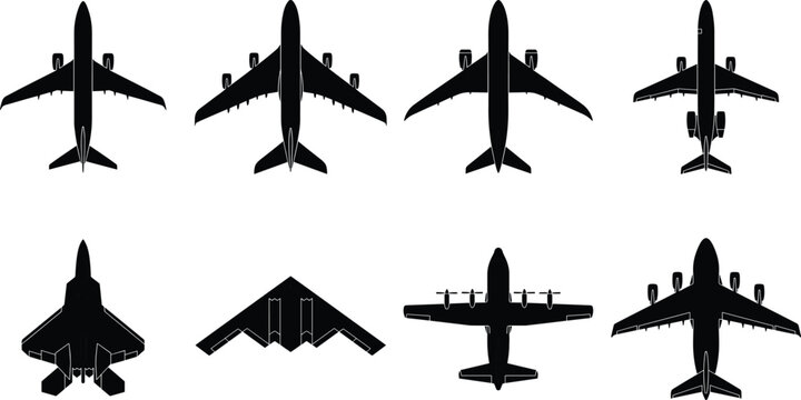 Aircraft silhouette collection featuring commercial airplanes, cargo planes, and stealth bomber isolated on white background vector set